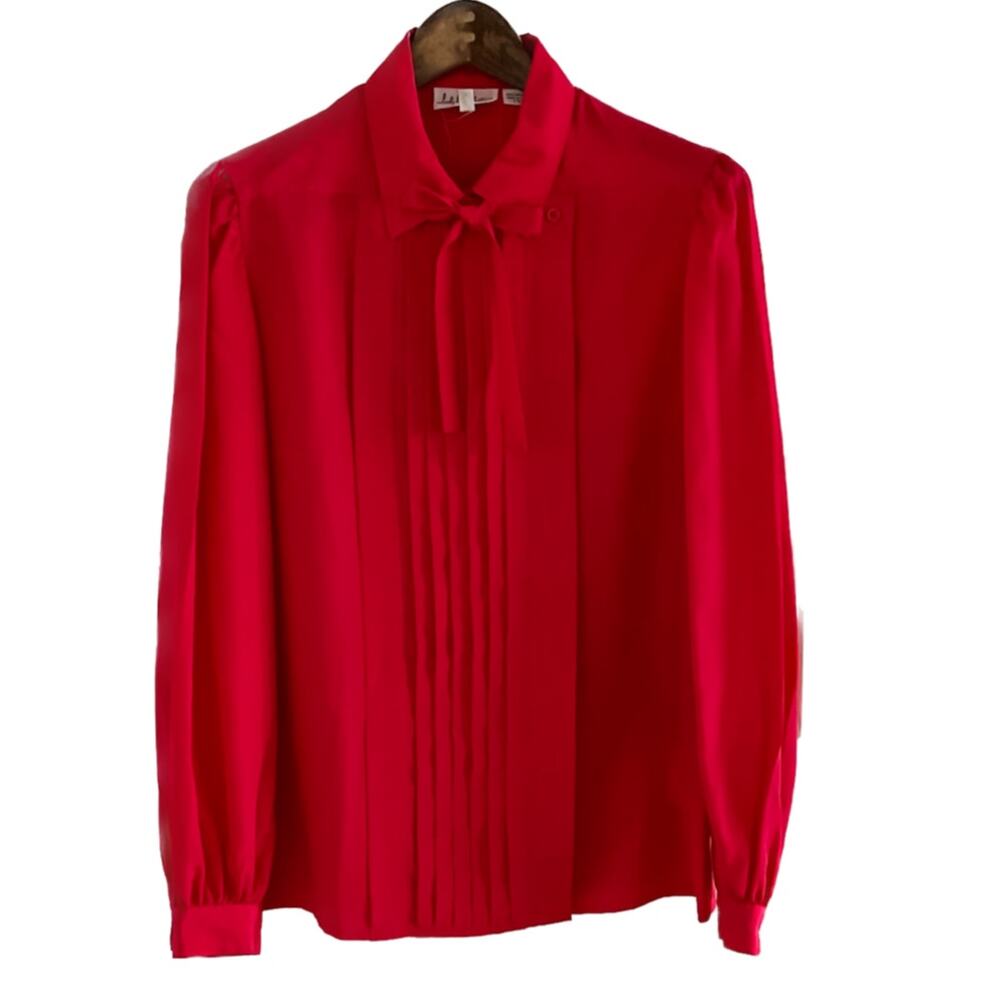 Lady Manhattan vintage pleated p---y bow secretary blouse hot pink size 12 Large